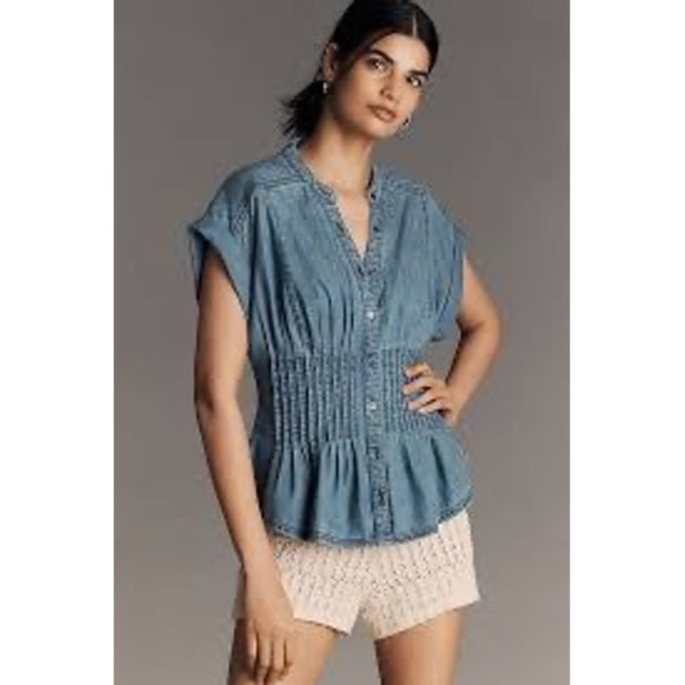 Pilcro Anthropologie Pintucked Denim Peplum Blouse Blue SP Petite